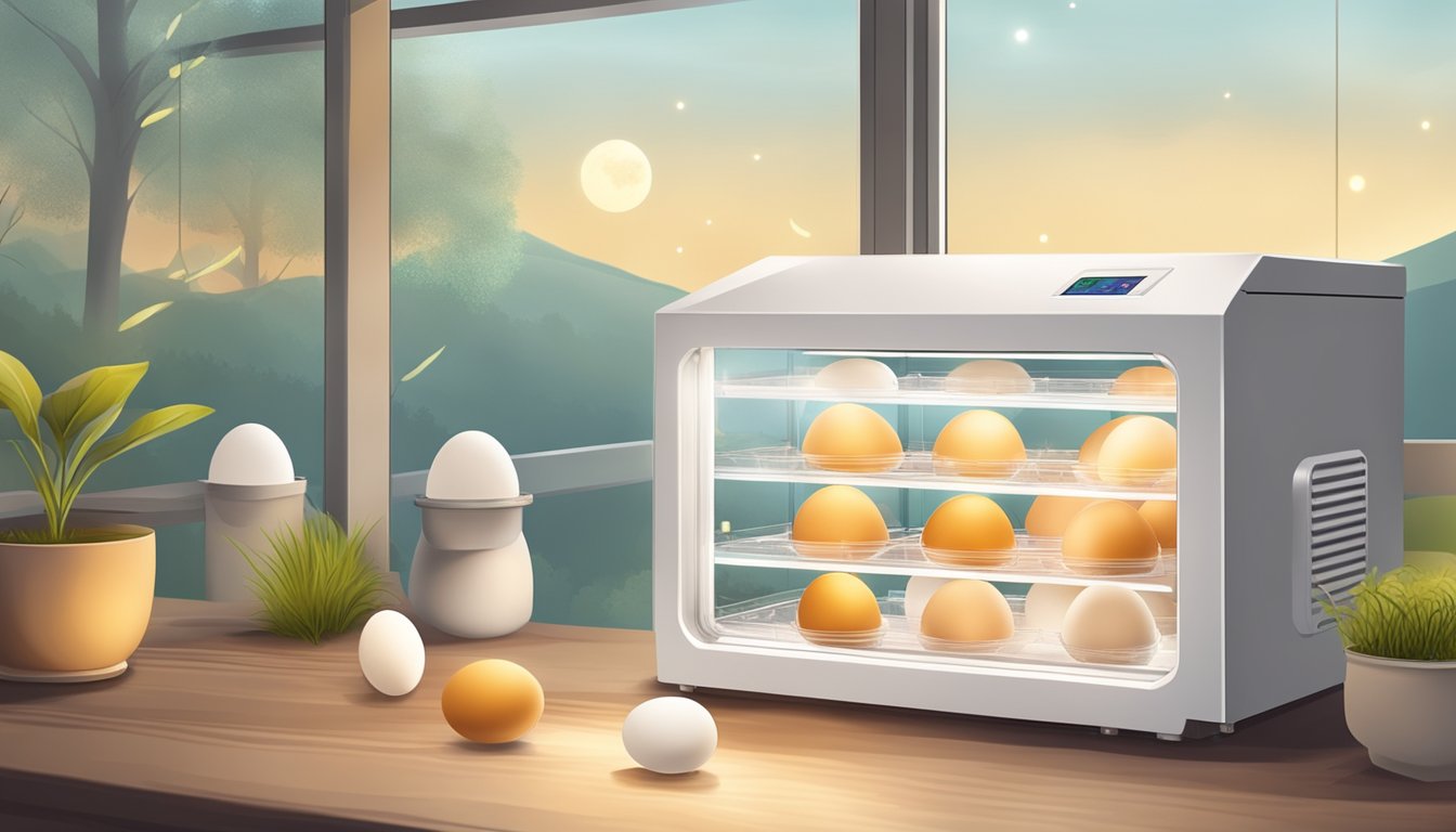 A temperature-controlled egg incubator with a clear lid, containing several chicken eggs, surrounded by a warm and cozy nesting area for brooding