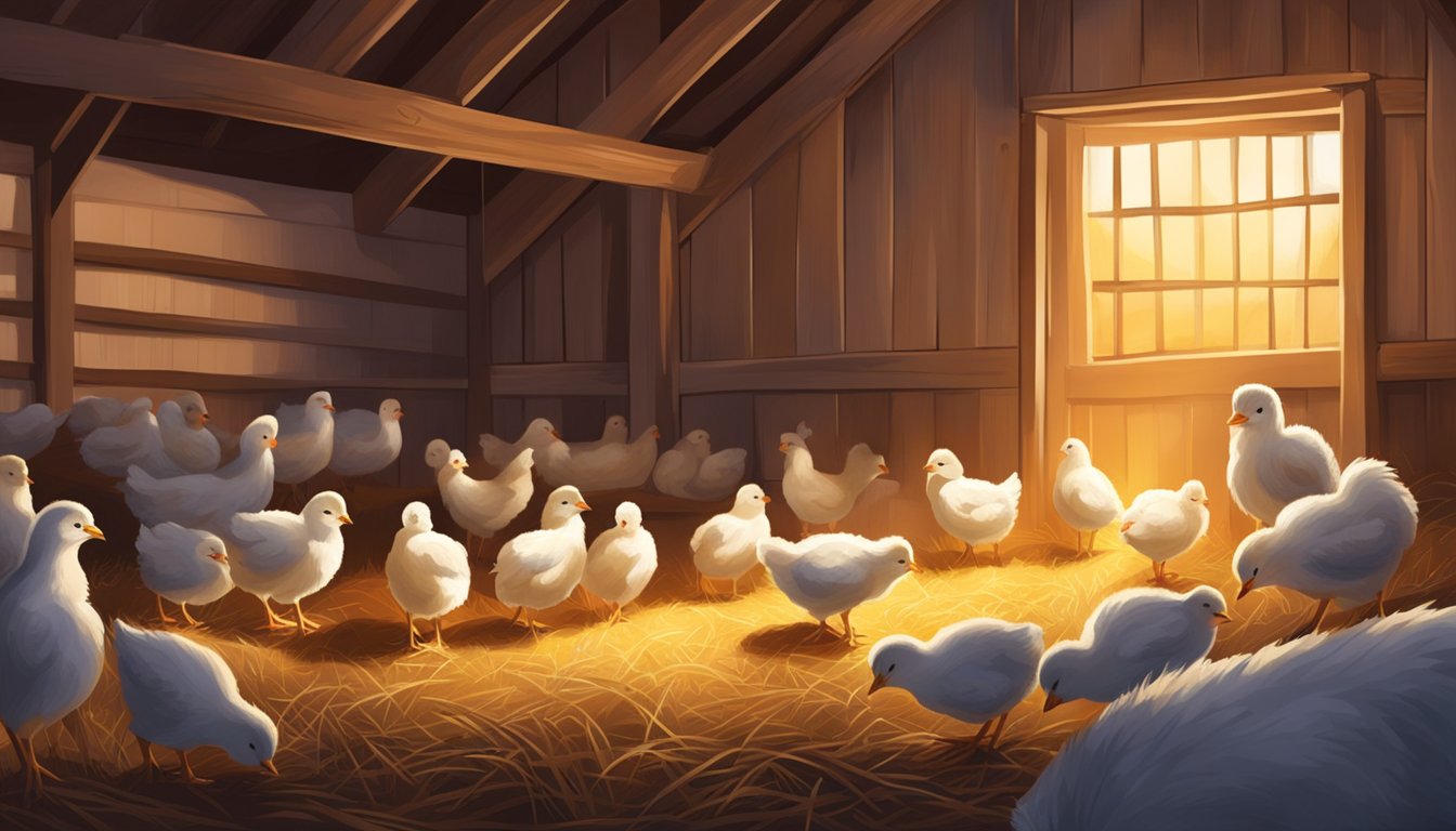 A cozy, well-lit barn with heat lamps and bedding, where tiny day-old chicks huddle together under the watchful eye of a caring farmer