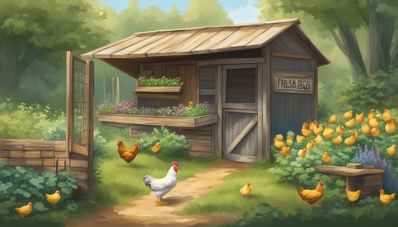 A rustic chicken coop nestled among lush greenery, with colorful hens pecking at the ground and a small, weathered sign reading "Fresh Eggs" hanging from the entrance