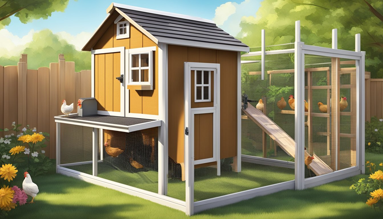 A sunny backyard with a sturdy wooden chicken coop, complete with a fenced-in area for the chickens to roam and a secure locking mechanism