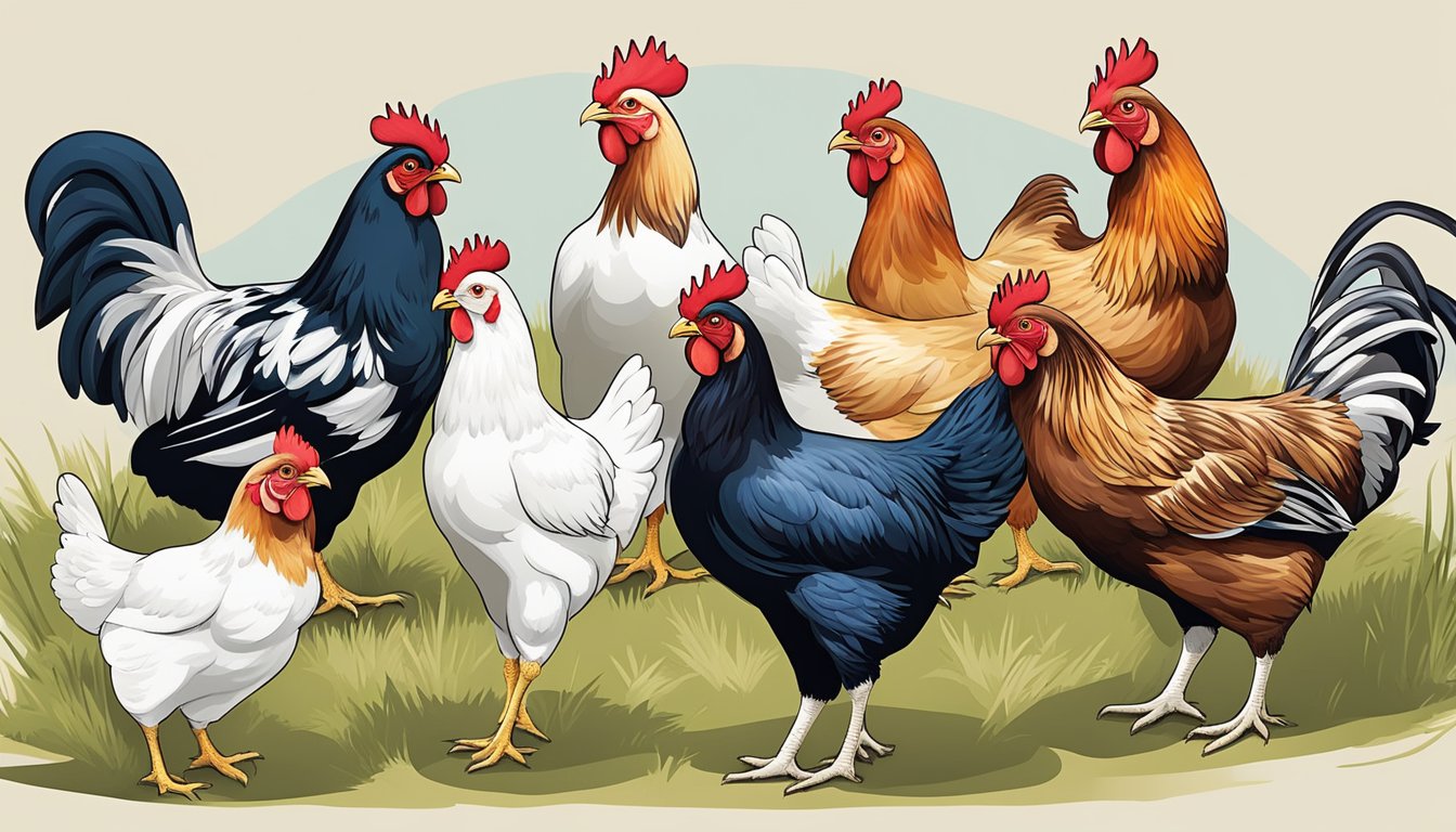 A variety of backyard chickens are shown, each representing a different breed. Some chickens appear healthy, while others display visible signs of nutritional deficiencies