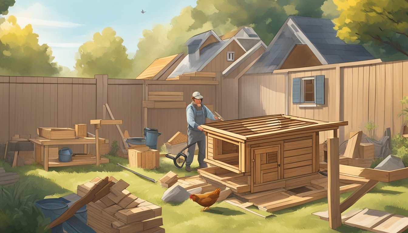 A sunny backyard with a wooden chicken coop under construction, surrounded by piles of lumber and tools. A person measures and saws while chickens peck nearby