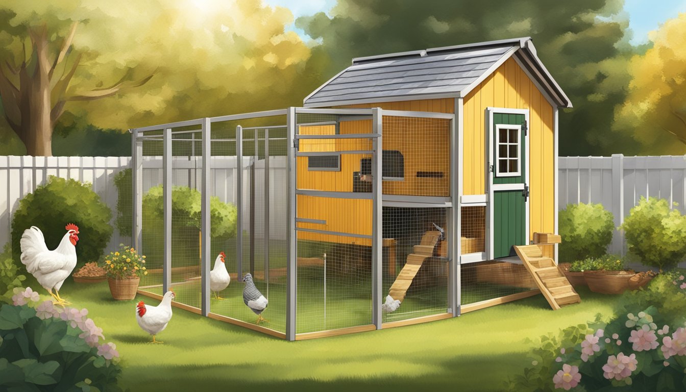 A sunny backyard with a sturdy wooden chicken coop, complete with nesting boxes and a fenced-in outdoor area for the flock to roam