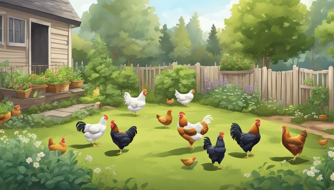 A serene backyard with healthy, free-range chickens pecking at the ground. A variety of herbs and plants are growing nearby, ready to be used for natural remedies