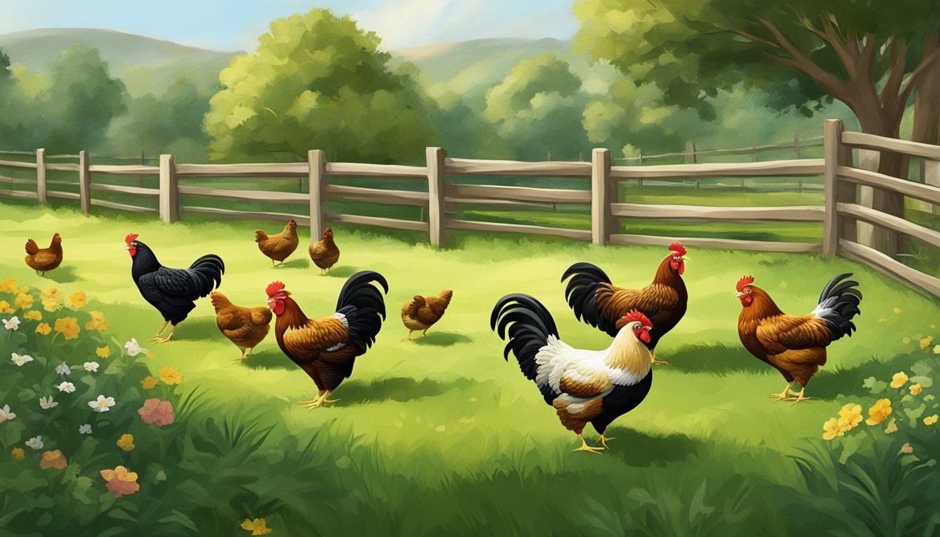 A flock of chickens roam freely in a spacious and lush pasture, surrounded by a movable fence. The grass is green and plentiful, providing ample space for the chickens to forage and graze