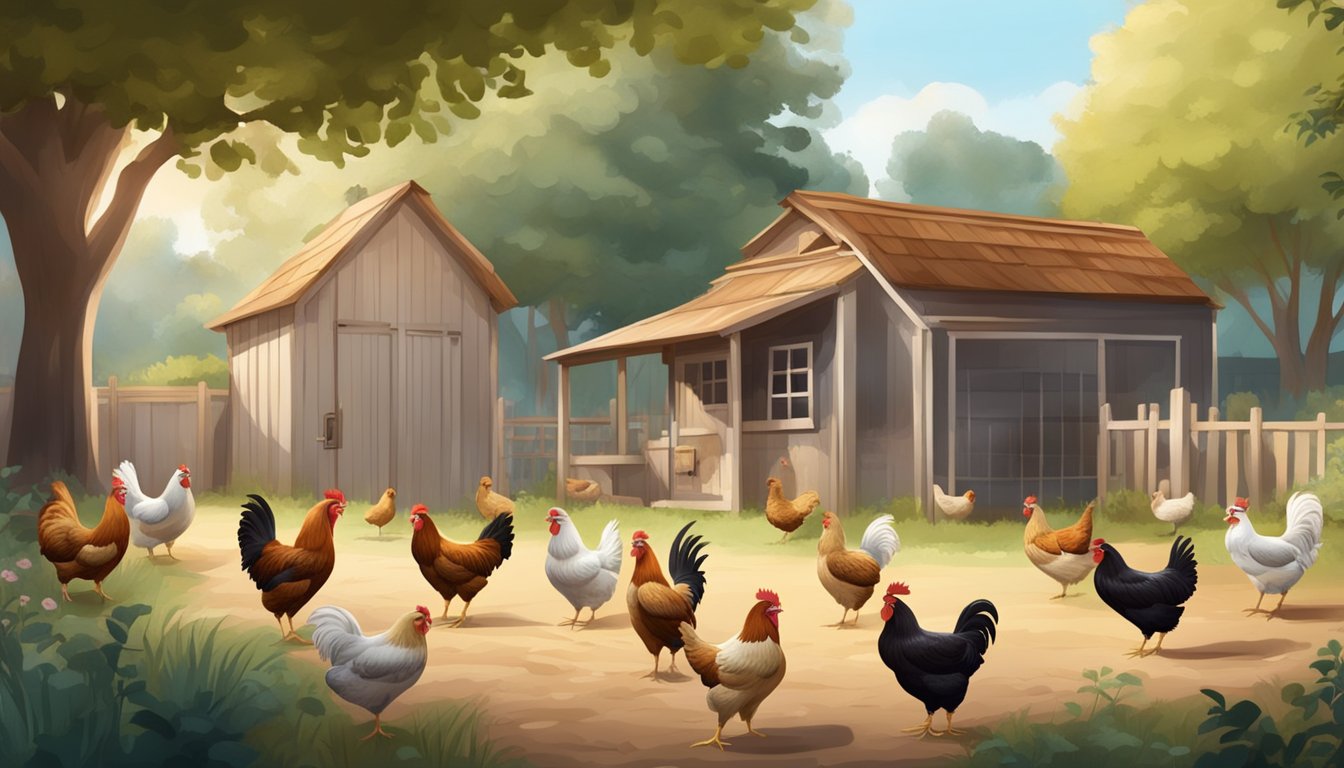 A flock of chickens of various breeds roam freely in a spacious backyard, with a coop and ample space for foraging and dust bathing