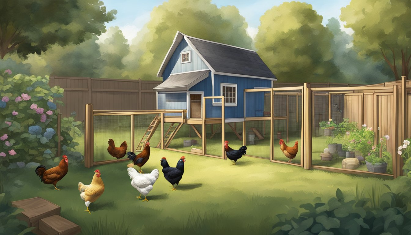 A backyard with a coop, nesting boxes, and a fenced area for chickens to roam