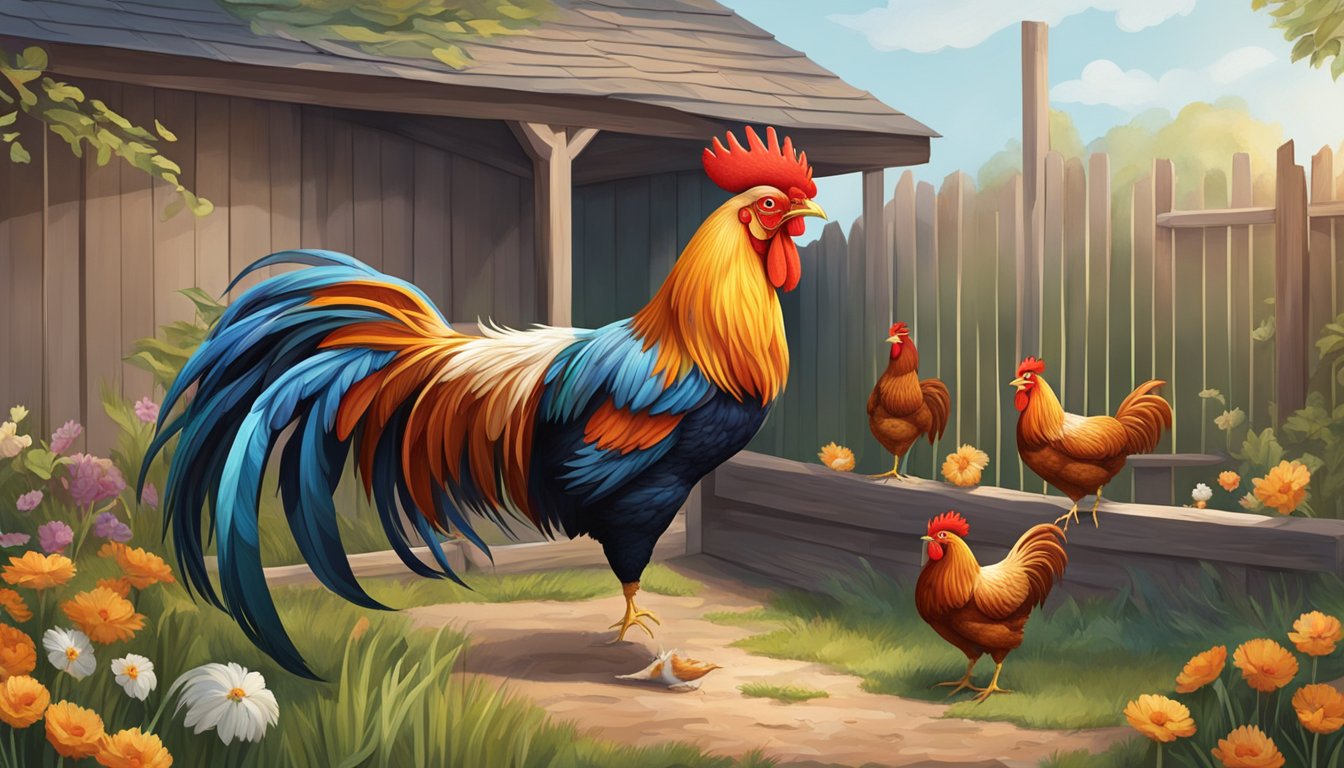 A rooster stands proudly in a backyard coop, surrounded by a flock of hens. The rooster's colorful feathers and regal stance convey his confident and protective nature