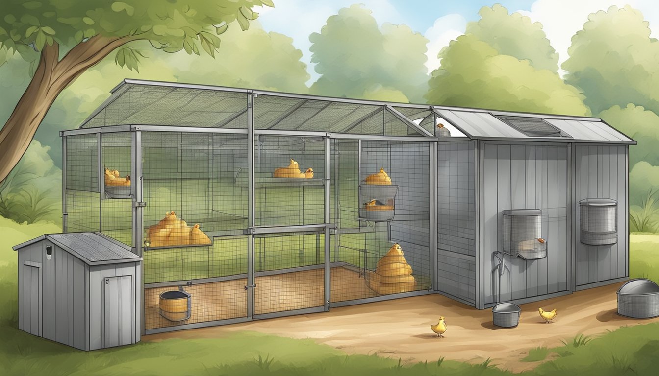 A clean and well-ventilated chicken coop with fresh bedding, nesting boxes, and secure fencing. Feed and water containers are regularly cleaned and filled