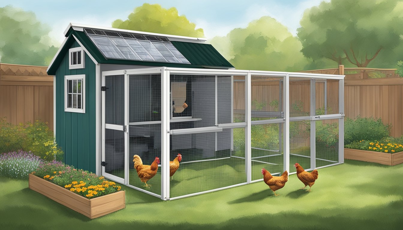 A sturdy, well-ventilated chicken coop sits in a lush backyard, surrounded by tools for cleaning and maintenance. Rain barrels and a covered feeding area provide protection from varying weather conditions