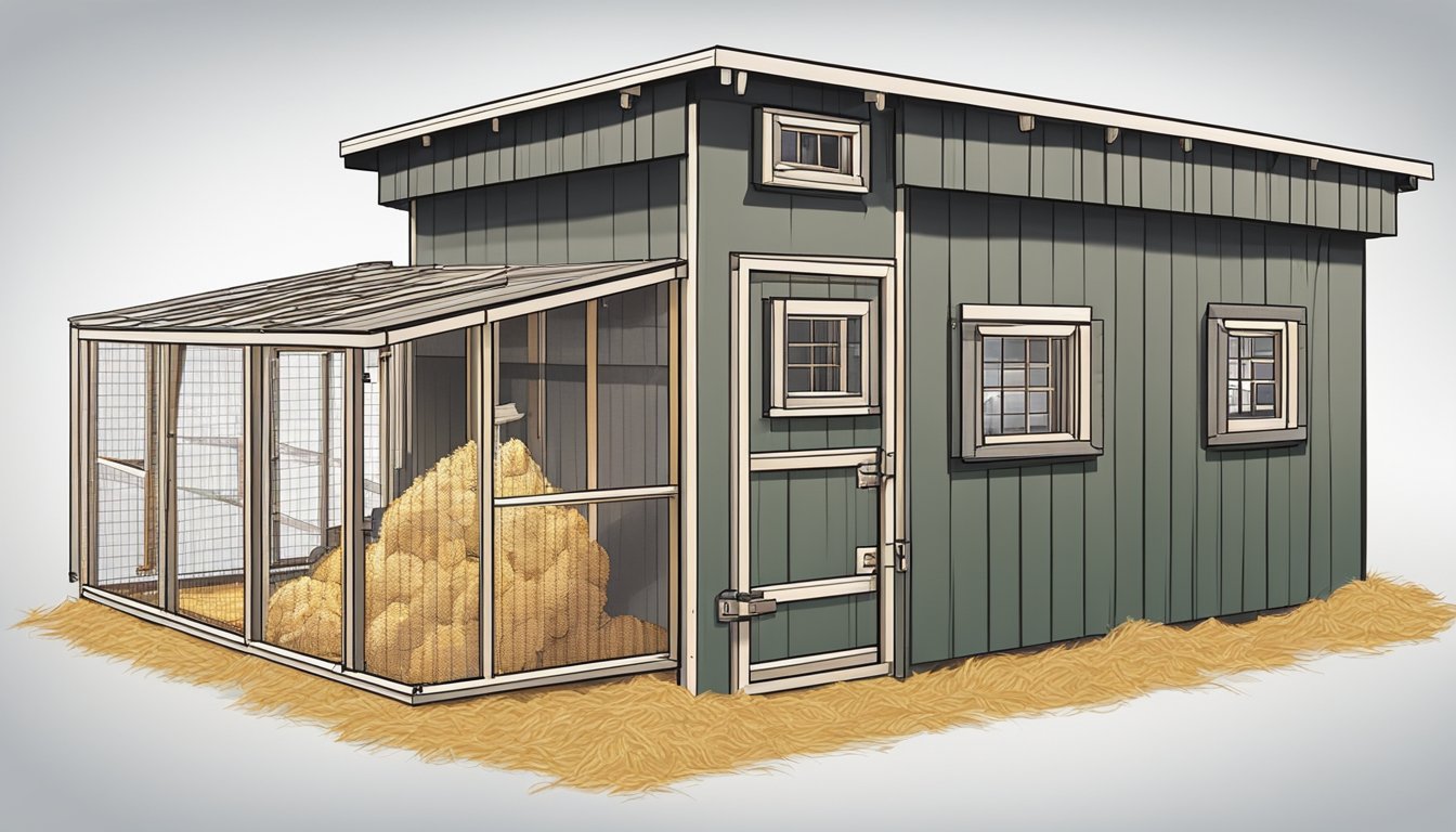 A cozy chicken coop with insulated walls, a heat lamp, and straw bedding to keep the chickens warm in the winter