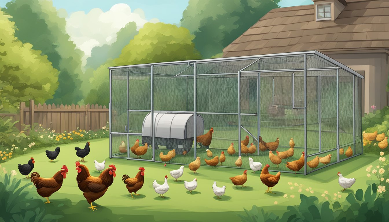 A chicken tractor with a mesh-covered coop and wheels, surrounded by a flock of free-ranging chickens in a lush backyard setting