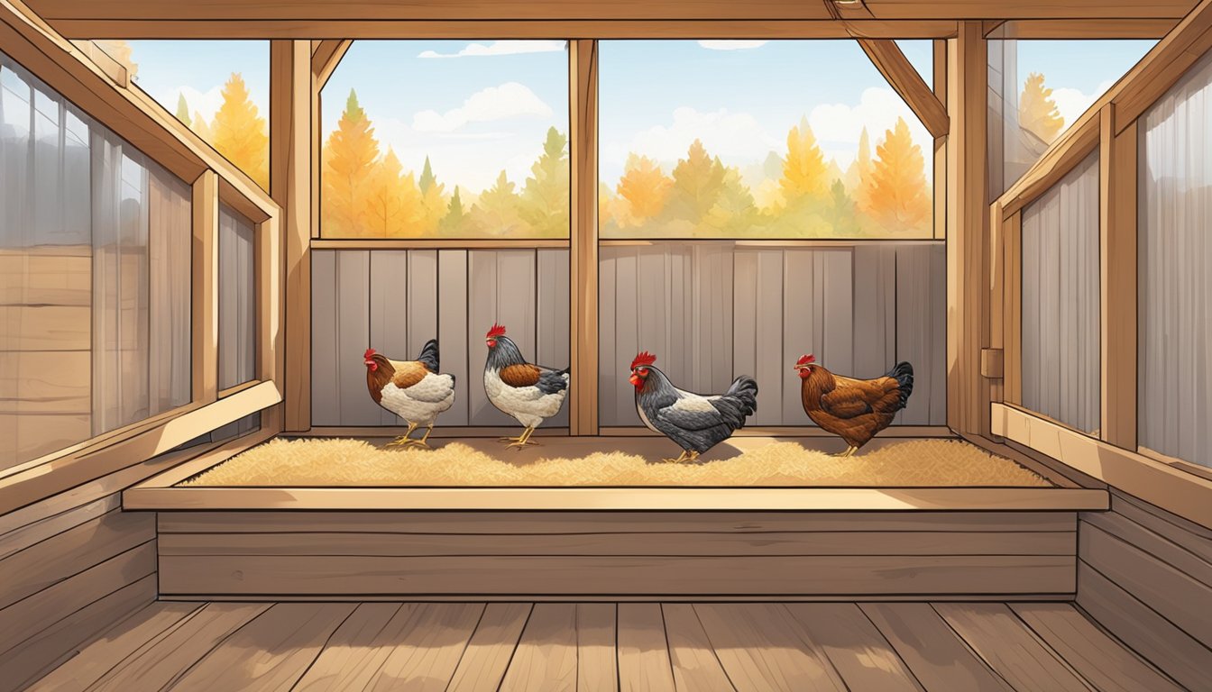 A cozy chicken coop with insulated walls, a heat lamp, and plenty of straw bedding. A small window allows for natural light, and a secure door keeps predators out