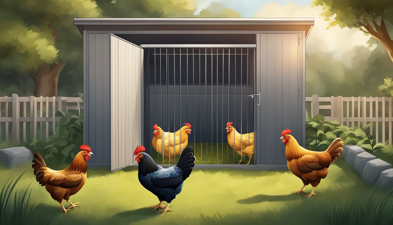 Chickens huddled in a secure coop with noise-blocking barriers, while their owner checks for any potential hazards in the backyard