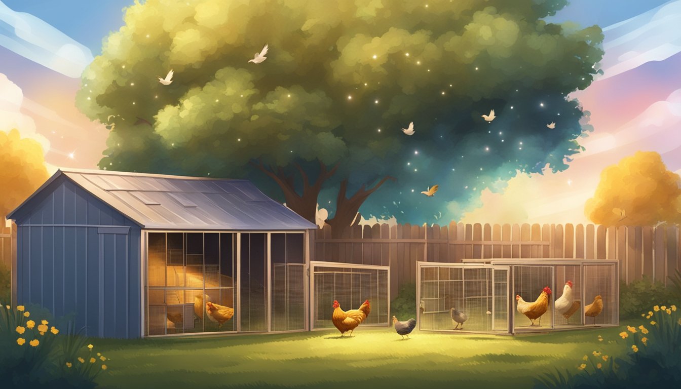 A peaceful backyard with chickens roosting in a secure coop, shielded from the bright bursts of fireworks in the distance