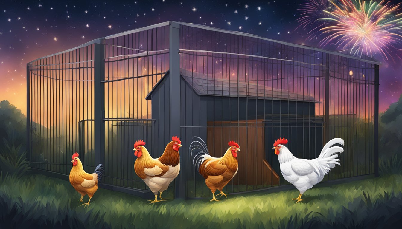 Backyard chickens huddle in a secure coop, surrounded by tall fencing. The night sky is lit up with colorful fireworks, but the chickens remain safe and calm