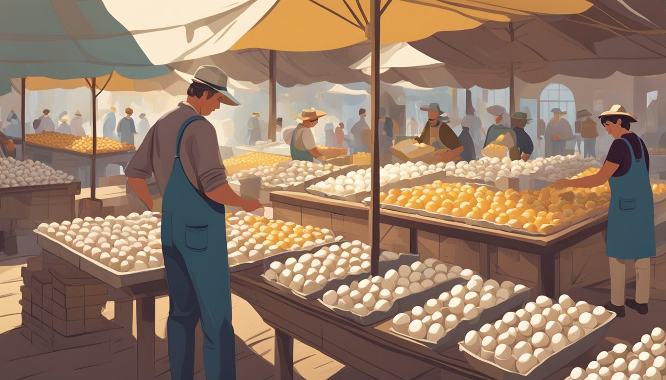 A farmer arranges fresh eggs in cartons on a rustic table at a bustling farmers market. Customers browse the display, attracted by the promise of quality and consistency