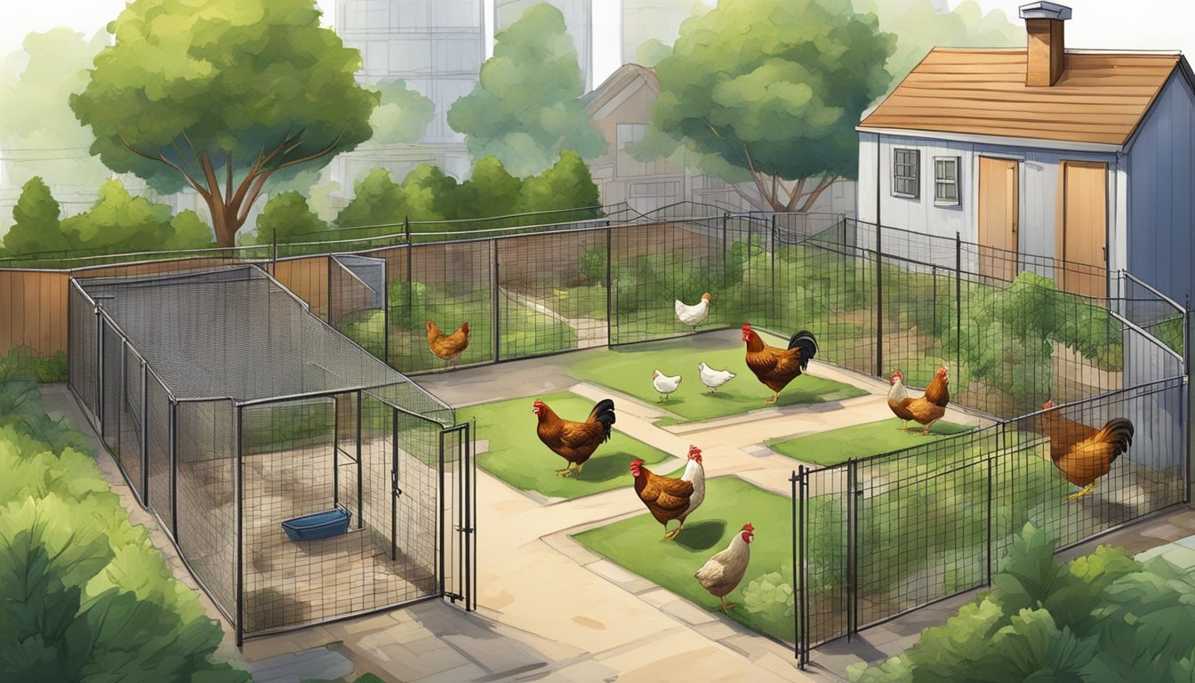 A small backyard with a coop, feeders, and waterers surrounded by urban buildings and greenery. Chickens roam freely in a fenced area