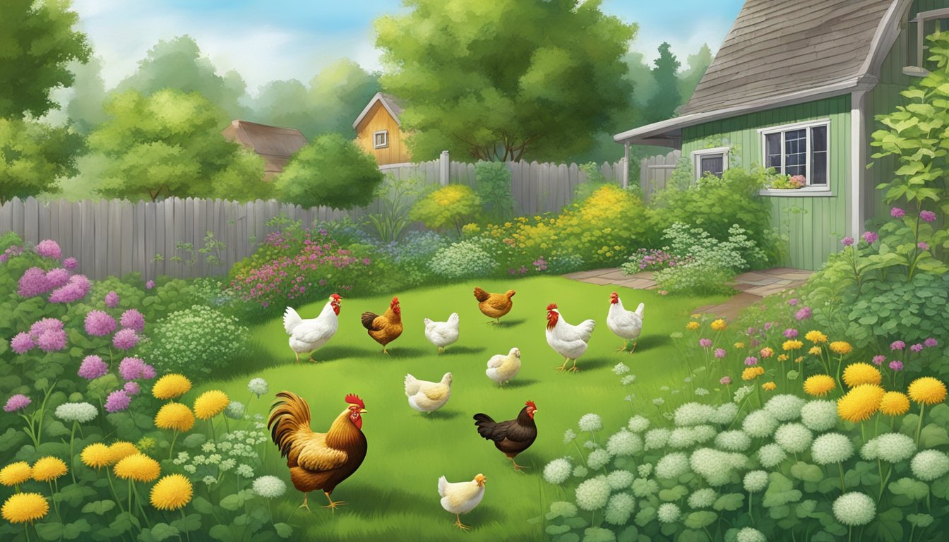 A backyard garden filled with lush, green perennial weeds like dandelions, clover, and chickweed, with chickens pecking and foraging among the plants