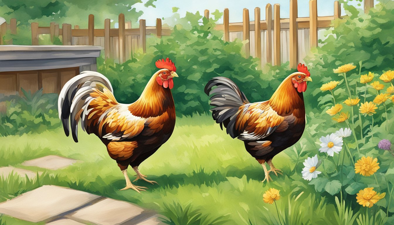 Chickens pecking at a variety of green, leafy perennial weeds in a backyard setting