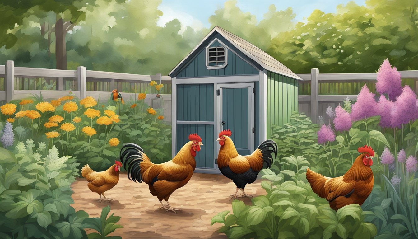 Chickens peck at lush perennial weeds in a backyard coop, surrounded by diverse plants and natural feed sources