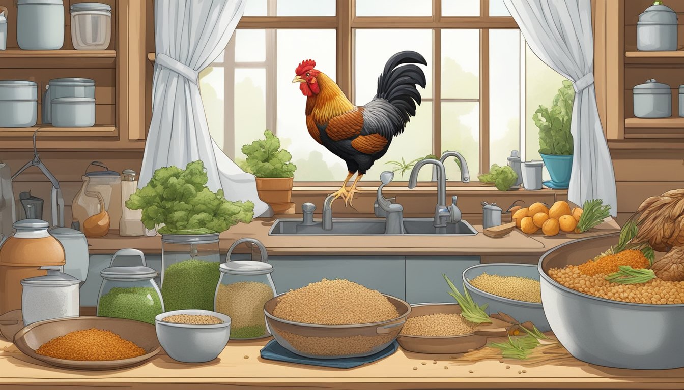 A backyard chicken pecks at a variety of kitchen scraps, while a balanced diet of grains and protein is laid out in separate feeders