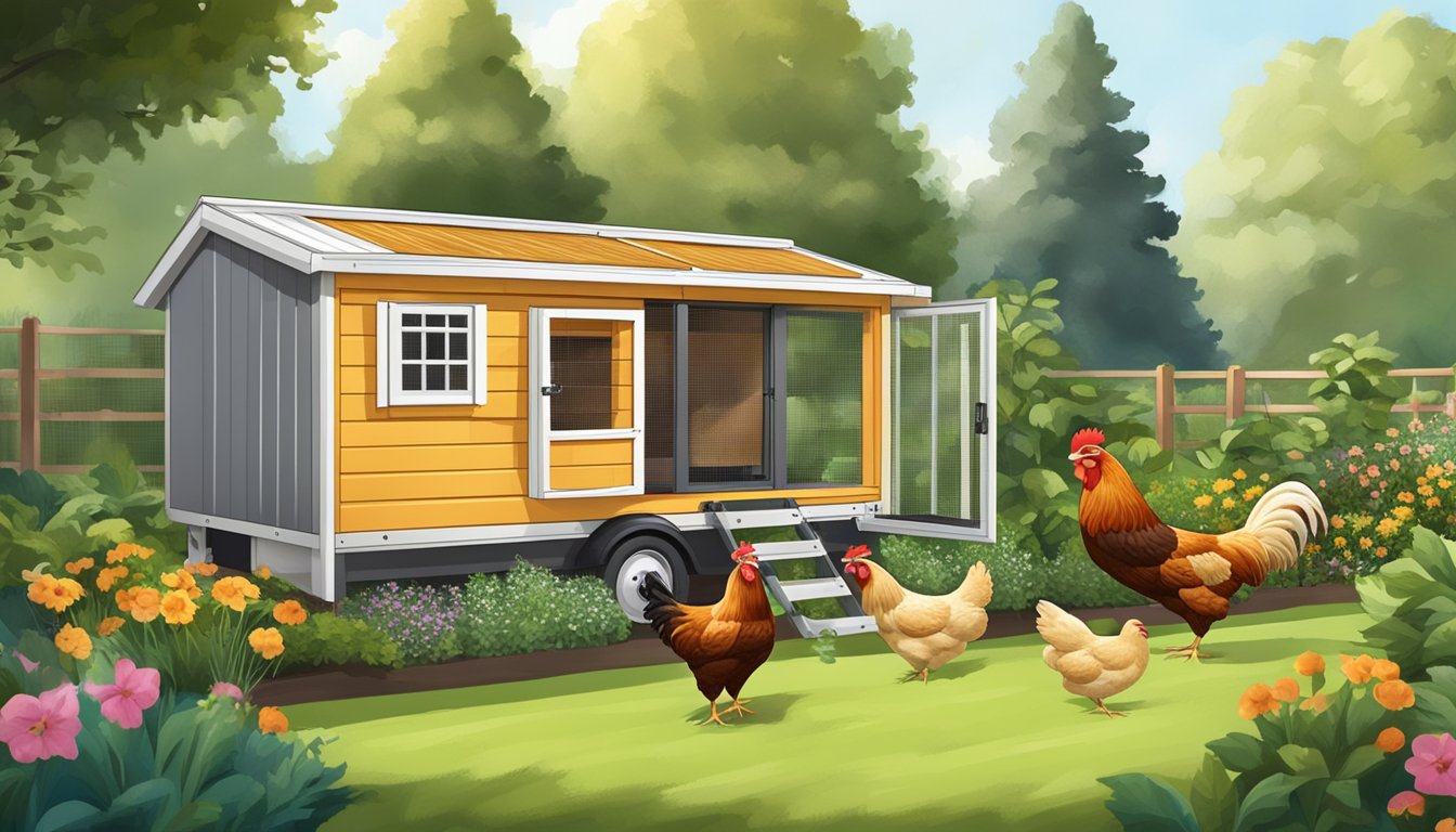 A mobile chicken coop with built-in predator-proofing and automatic pest control equipment, surrounded by a lush backyard garden