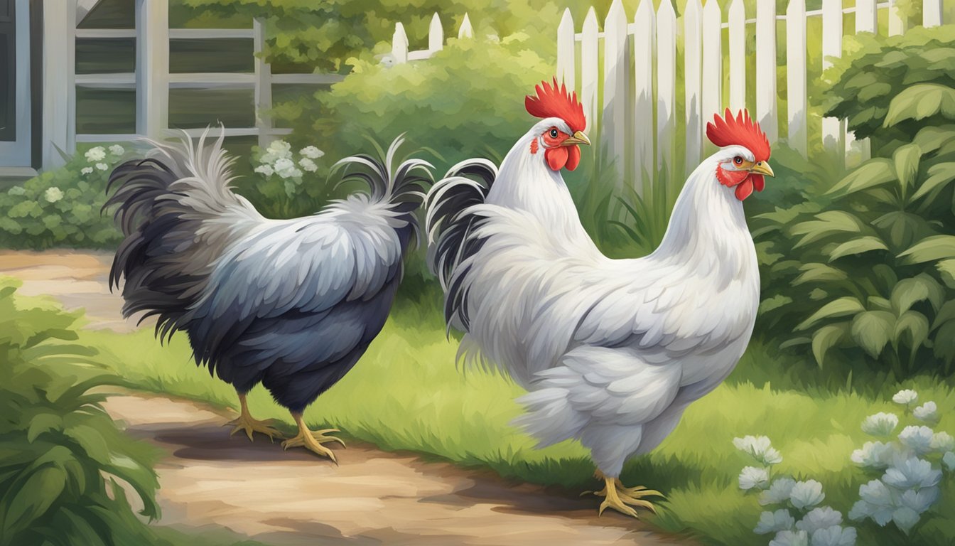 A group of silkie chickens with fluffy plumage and distinctive feathered crests roam freely in a backyard setting, surrounded by lush greenery and a coop in the background