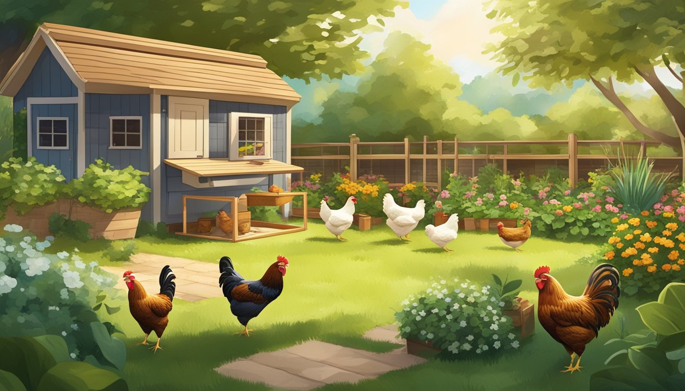 A sunny backyard with a variety of chicken coop designs displayed on a table, surrounded by lush greenery and a few chickens pecking around