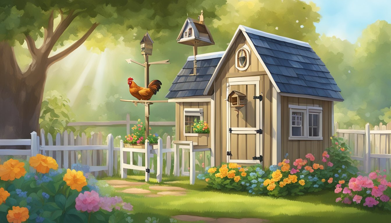 A quaint chicken coop nestled in a lush backyard garden, adorned with colorful hanging feeders, a charming weather vane, and a small window for sunlight