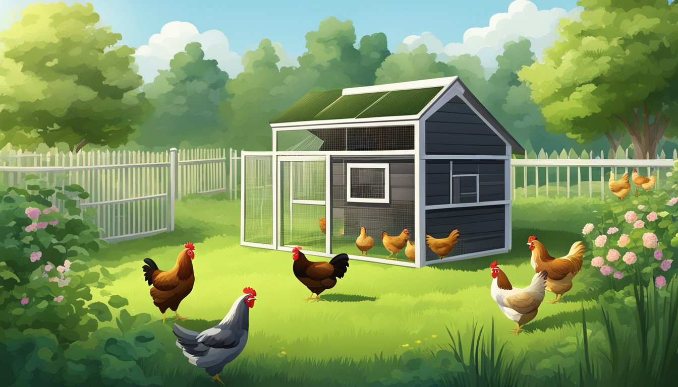 A backyard with a chicken coop, surrounded by a fence. Lush green grass and a small garden nearby. Chickens roam freely