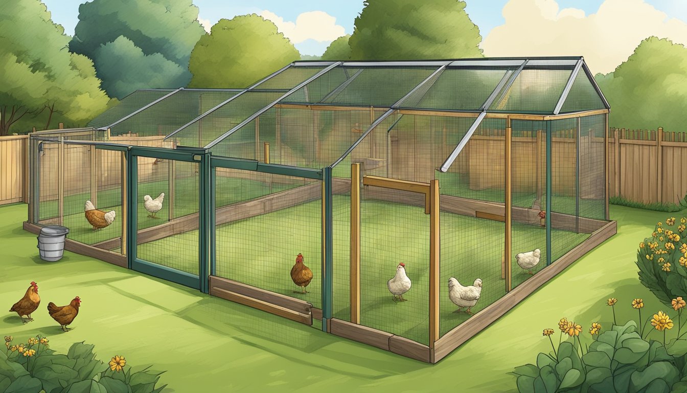 A backyard with a chicken run and open space for free-ranging chickens