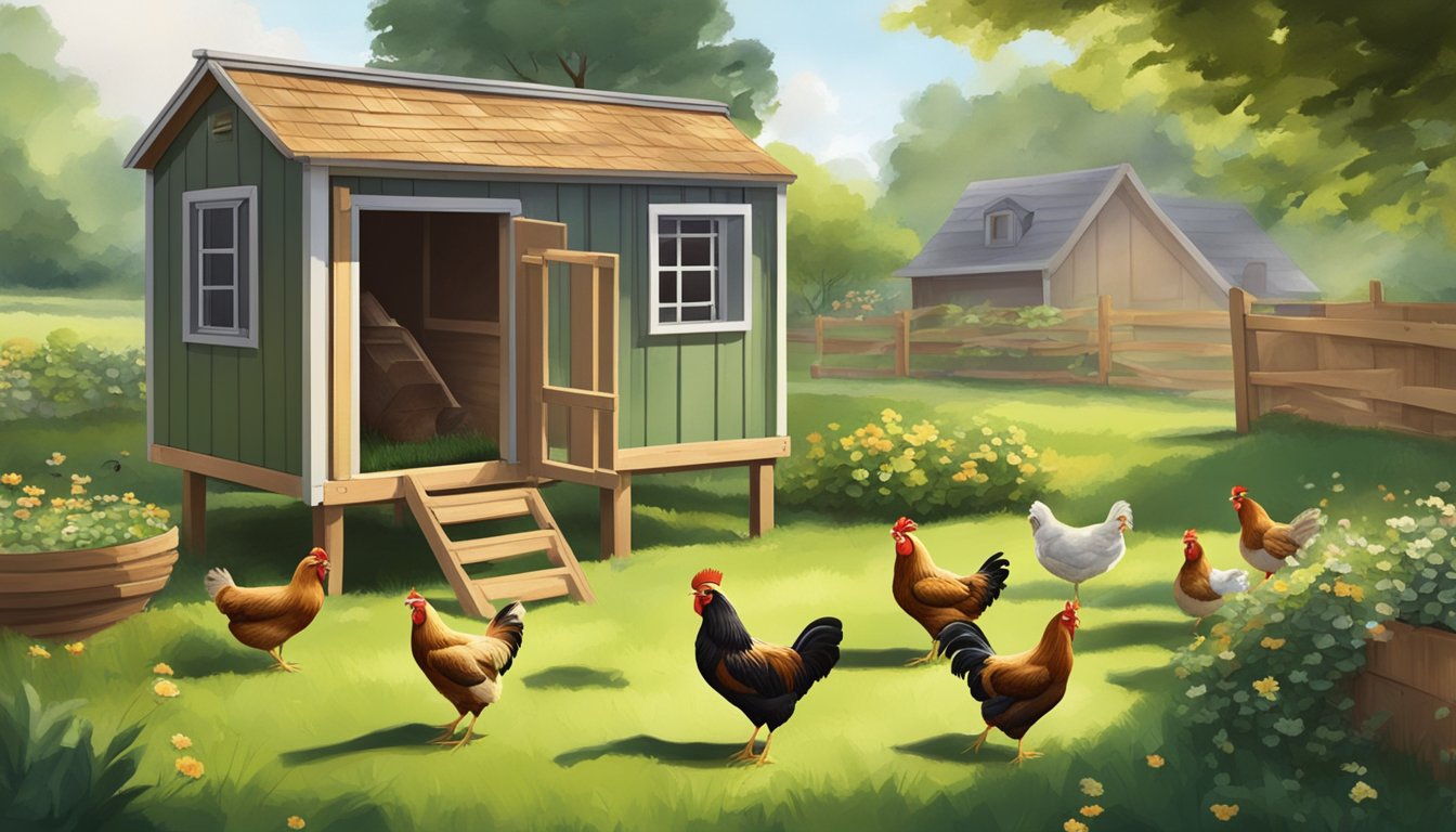 A cozy backyard with a small chicken coop, lush green grass, and a scattering of chickens pecking at the ground