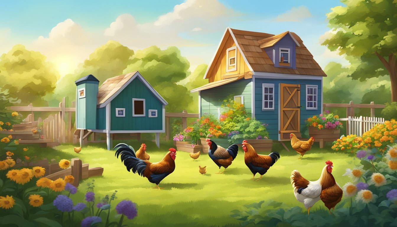 A sunny backyard with a colorful chicken coop, a lush green garden, and a variety of chickens roaming freely