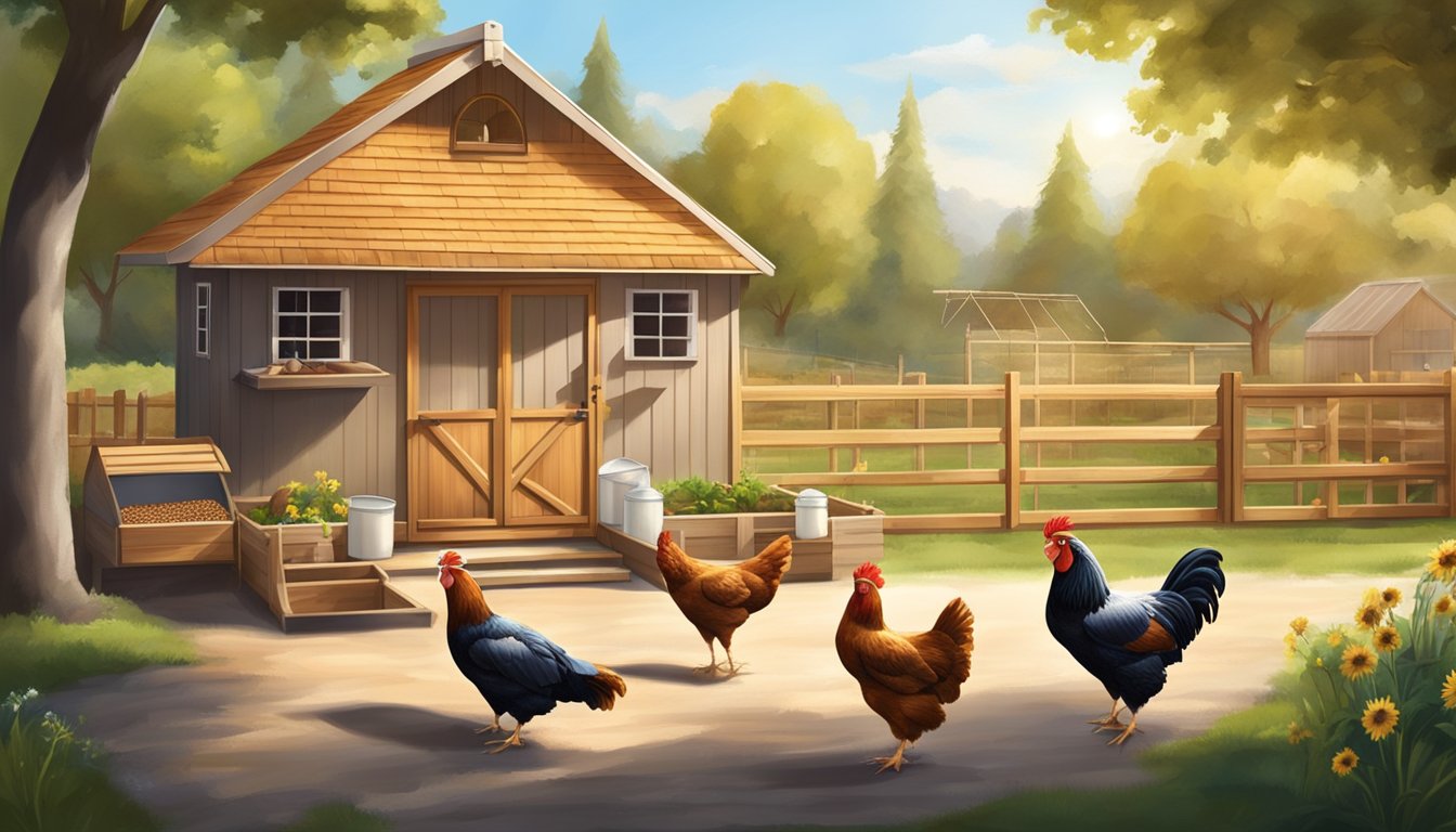 A sunny backyard with a spacious, clean chicken coop, plenty of fresh water, and a variety of nutritious feed options for the flock