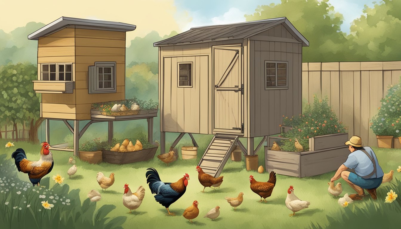 A backyard coop with nesting boxes, hens laying eggs, and a person collecting eggs