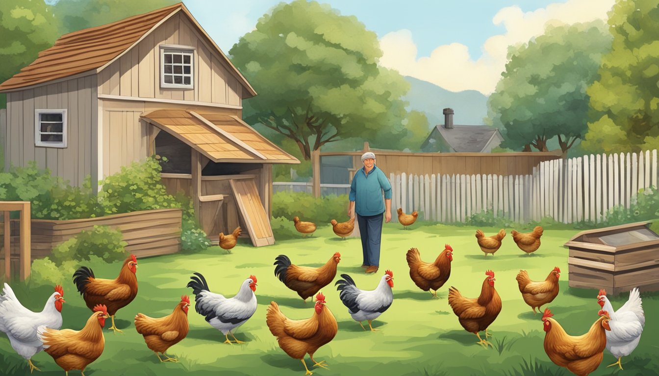 A backyard scene with a small flock of chickens, showing signs of illness, with a concerned owner looking on. A variety of chicken coops and a garden in the background