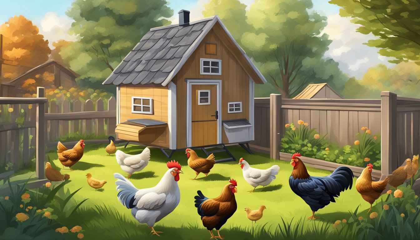 A cozy backyard with a small coop and a flourishing flock of chickens pecking and scratching in the grass