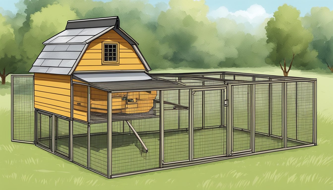 A chicken coop with nesting boxes, roosting bars, and a secured outdoor pen with access to fresh water and ample space for scratching and foraging