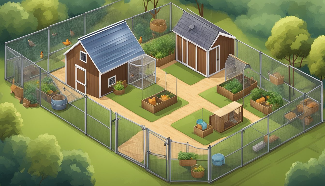 A spacious backyard with a sturdy chicken pen and cozy coop, surrounded by fencing and filled with nesting boxes and perches