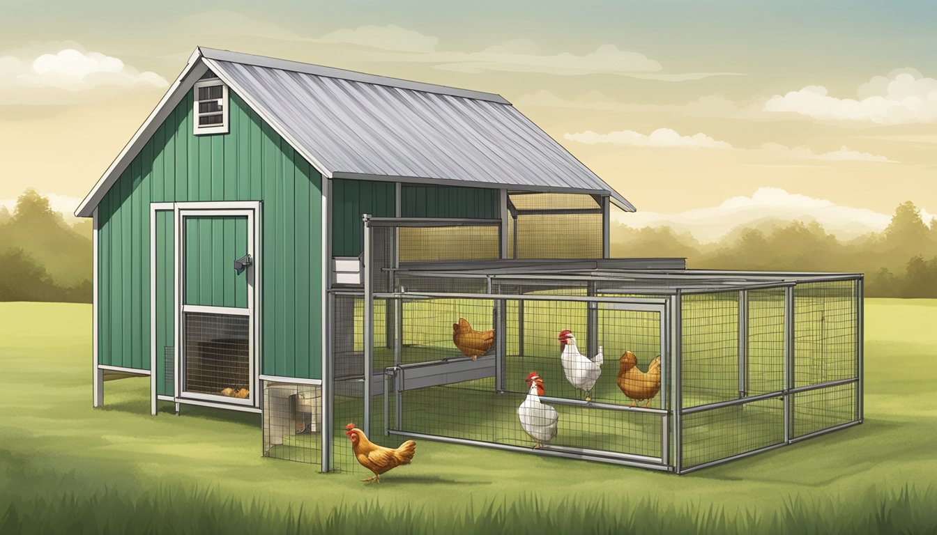 A spacious chicken pen with a sturdy coop, nesting boxes, and a secure fencing. A waterer and feeder are placed inside the coop, with ample space for the chickens to roam