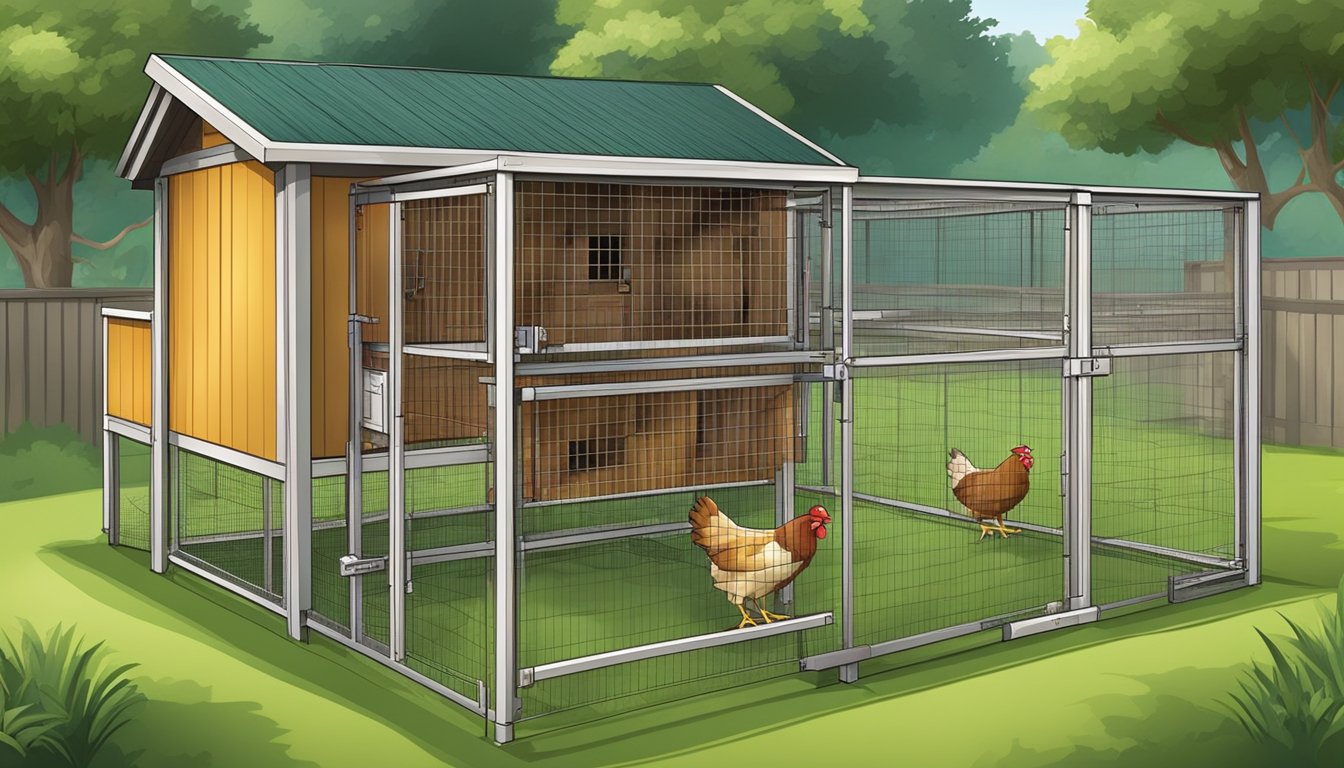 A chicken pen and coop with nesting boxes, perches, and a fenced outdoor area for enrichment and activities