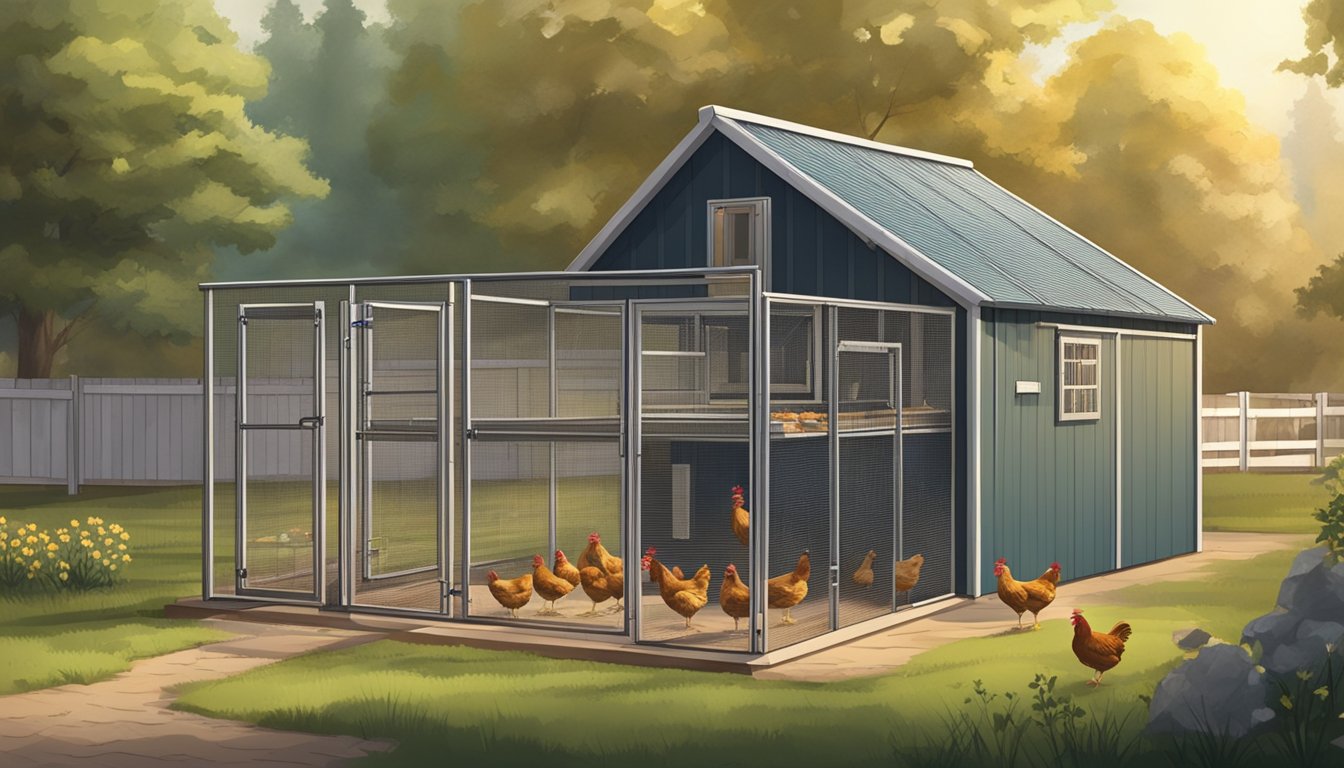 A secure chicken coop with automated feeding and watering systems, surrounded by a spacious fenced pen with plenty of room for the chickens to roam