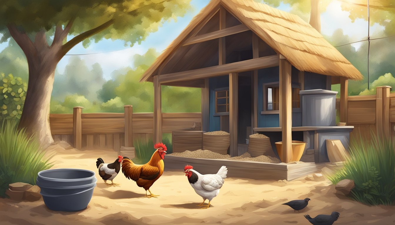 A sunny backyard with a small coop, a chicken scratching the ground, a bowl of grit, and a pile of sand for natural beak and claw maintenance