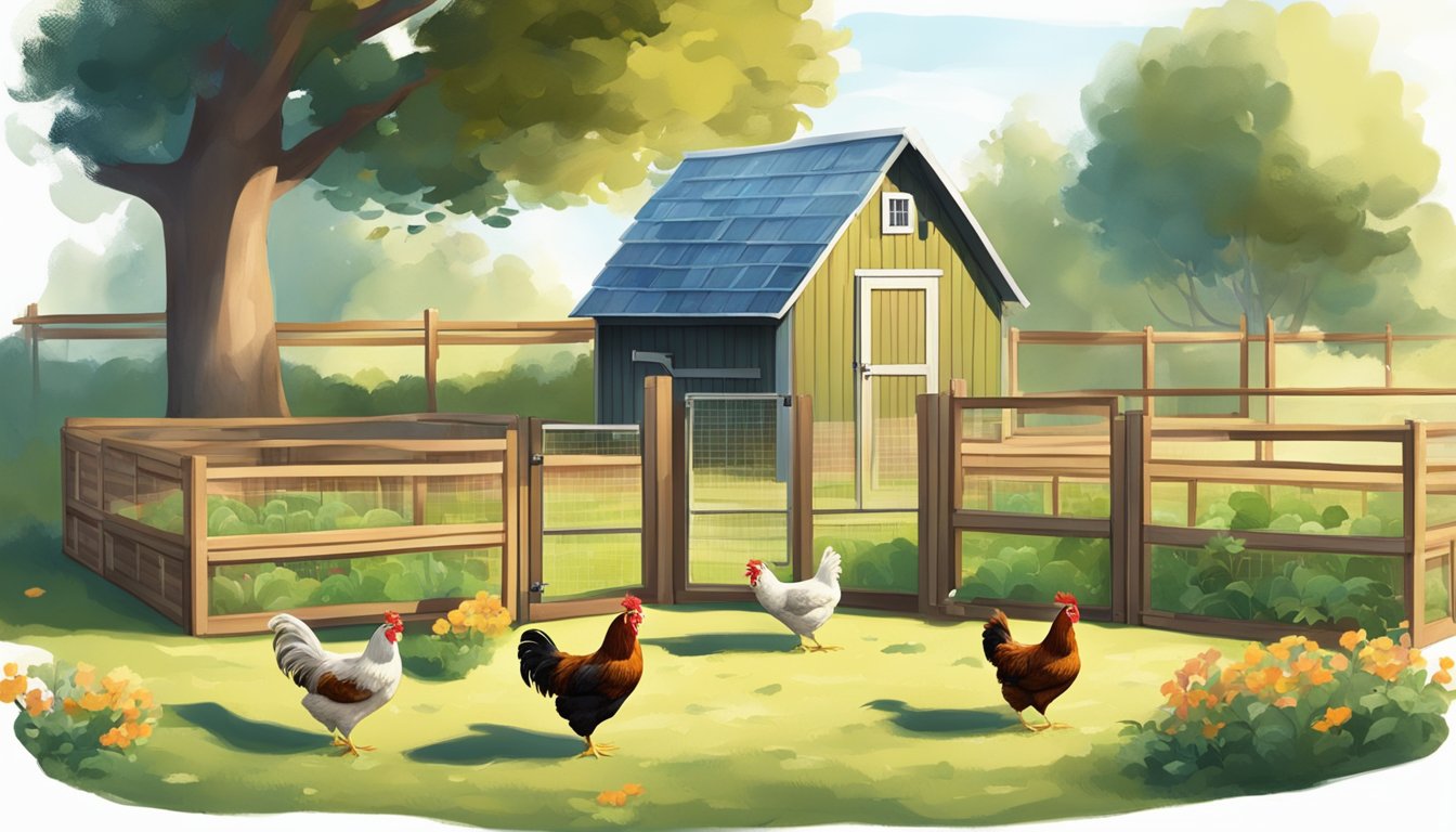 A sunny backyard with a chicken coop, a small garden, and a water dispenser. Two chickens pecking at the ground