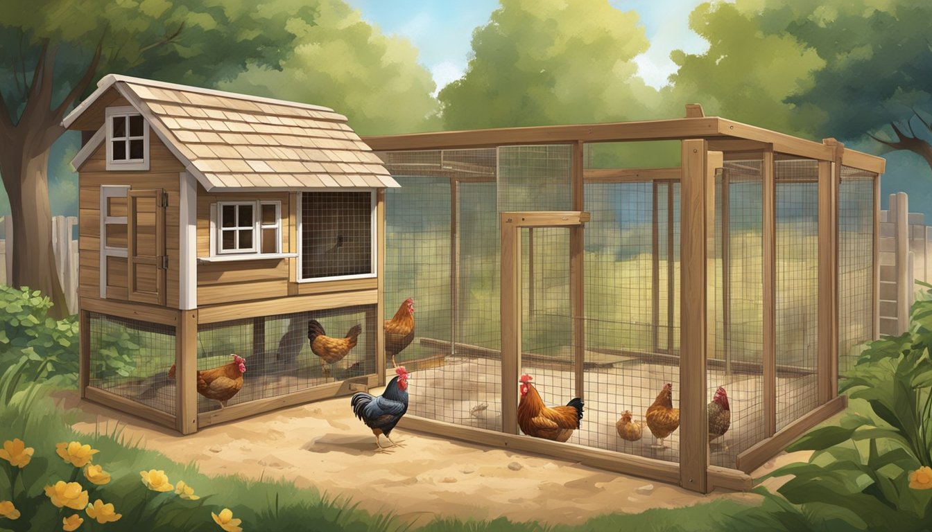 A chicken coop with perches, natural branches, and a sandy area for scratching and pecking. A variety of toys and enrichment activities are scattered around the yard