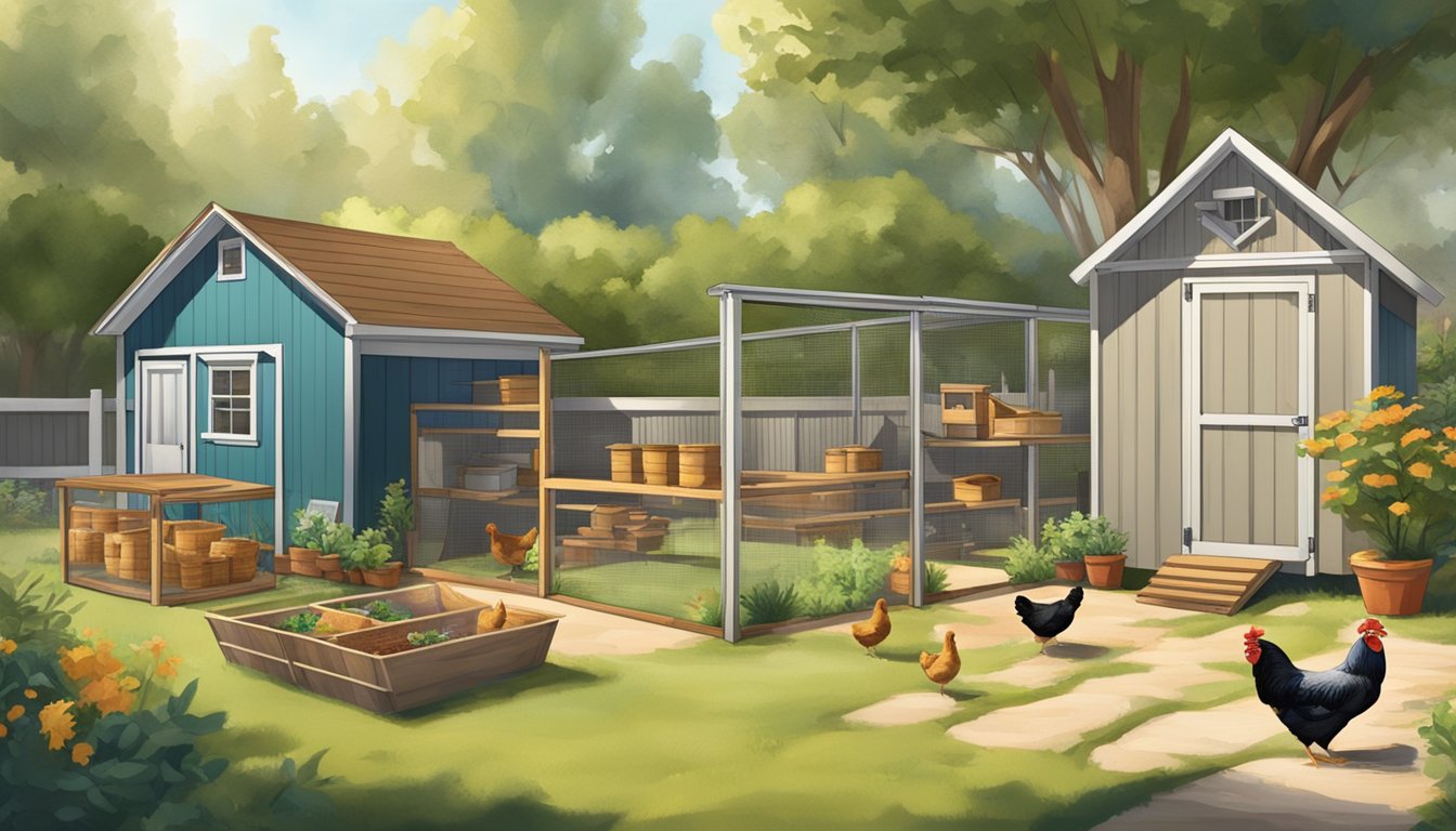 A sunny backyard with a coop, nesting boxes, and a fenced area for chickens to roam freely. A water and food station is set up nearby