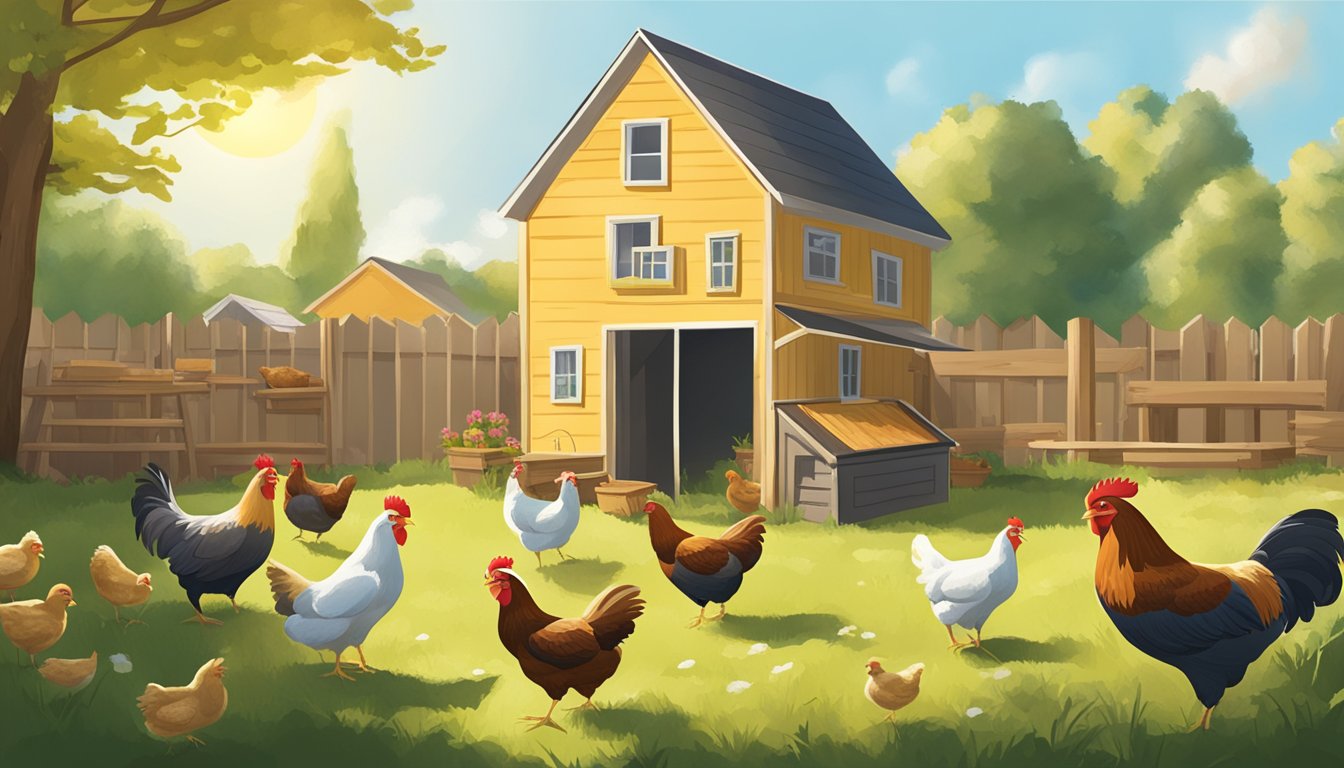 A sunny backyard with a coop, nesting boxes, and a small flock of chickens roaming freely