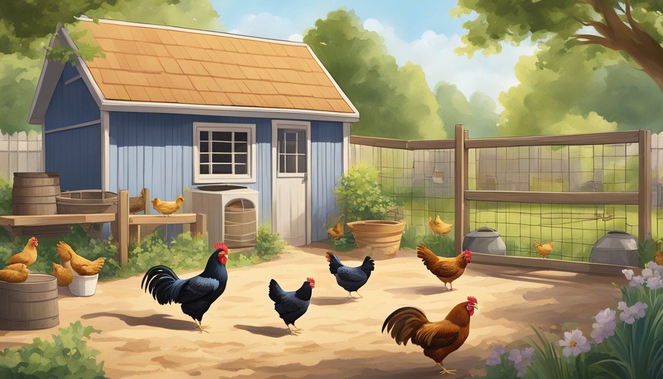 A sunny backyard in Texas with a coop, chickens roaming freely, a feeding station, and a water source