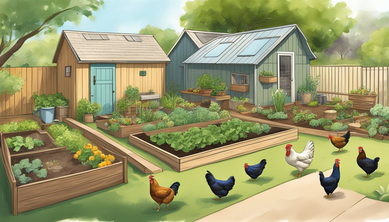 A backyard in Texas with a chicken coop, vegetable garden, and compost bin, showcasing sustainable living and long-term planning